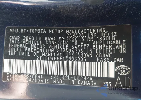 2012 Toyota Corolla S/Le z USA, uszkodzony, nr VIN 2T1BU4EE6CC885906